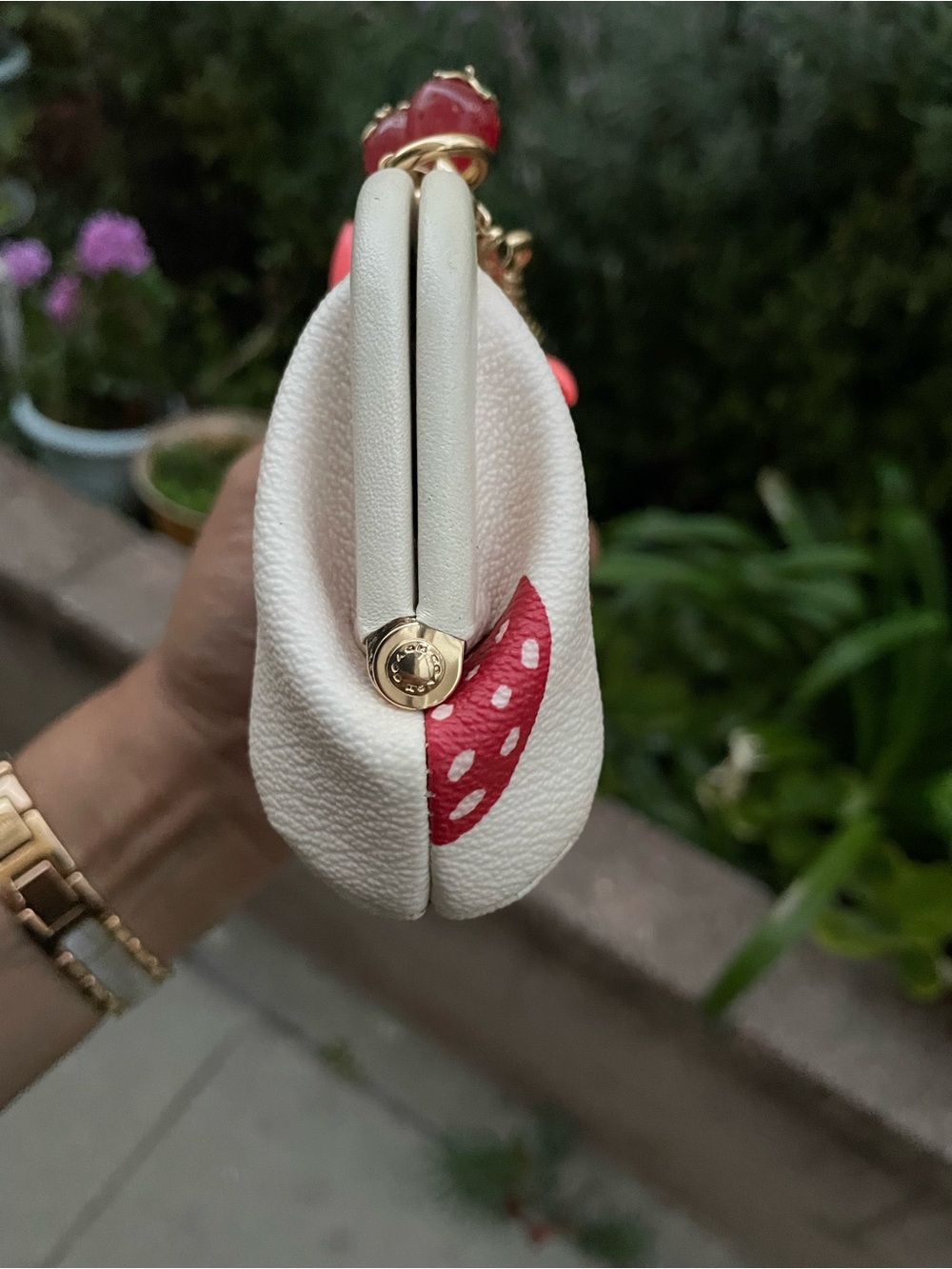 Coach Cream Mini Frame Bag with Red Strawberry Print and Gold Chain - Picture 5 of 11